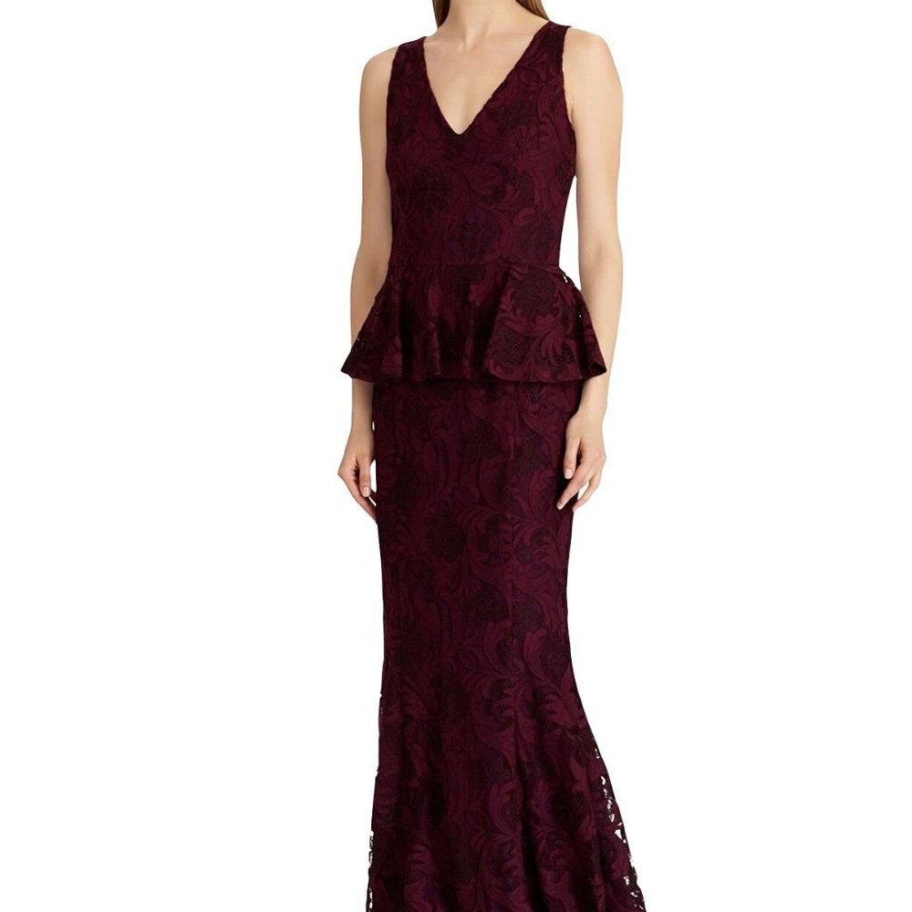 LAUREN RALPH LAUREN LACE PEPLUM GOWN - Picture 1 of 8